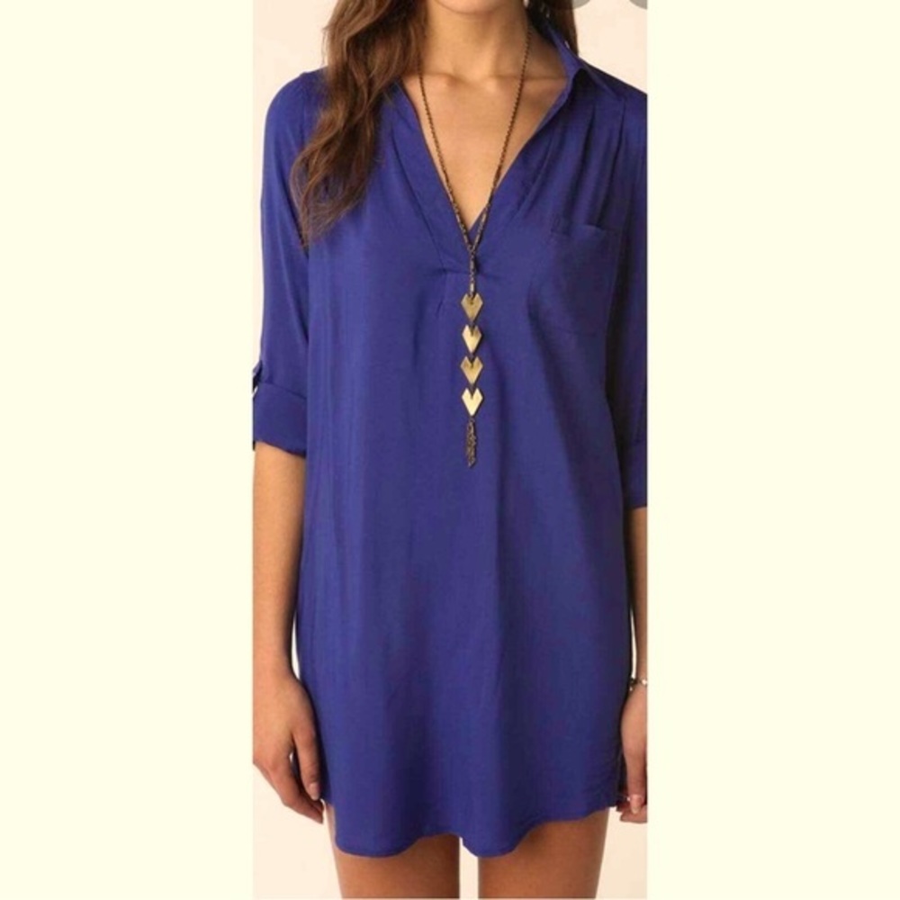 Navy Blue Tunic with Button Sleeves and Front Pocket - Size S